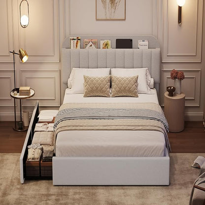 GarveeHome Twin Bed Frame with Storage Headboard, Kids Bed Frame with 2 Drawers, Boucle Upholstered Platform Bed with Bookcase, No Box Spring Needed, Easy Assembly, Light Gray