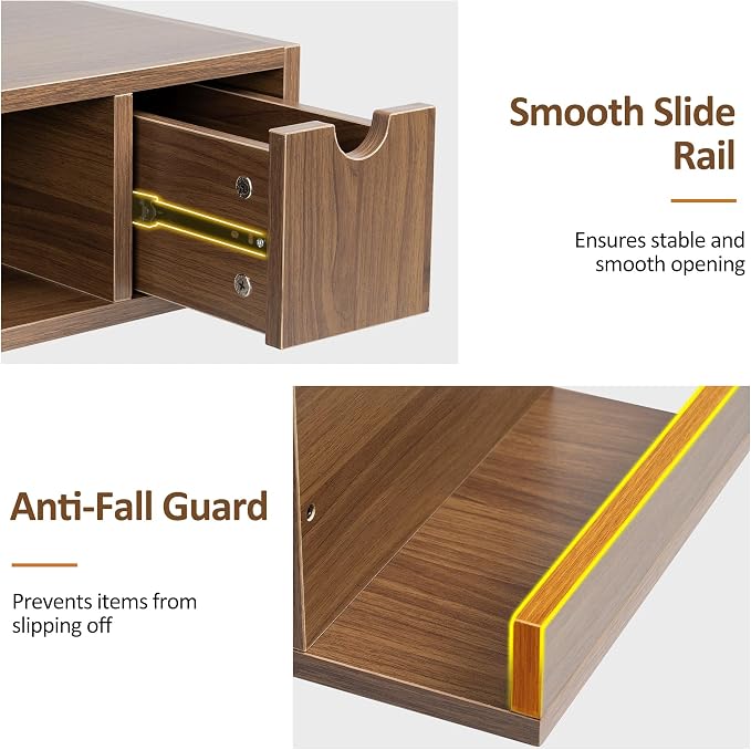 Afuly Floating Nightstand with Charging Station Wall Mounted Night Stand with Drawer Walnut Bed Side Table Wood Bedside Table Shelf Narrow Hanging Modern End Table Nightstands for Bedroom Decor