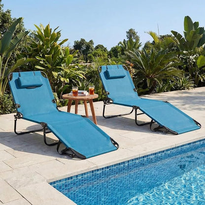 GYMAX Beach Lounge Chair, Sunbathing Chair Patio Lounge Chair Folding Adjustable Recliner with Hole for Face (2)