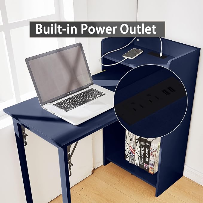 Fold Out Desk with Storage and Built-in Outlet,Foldable Desk for Small Spaces, Hidden Folding Table for Home Office or Bedroom
