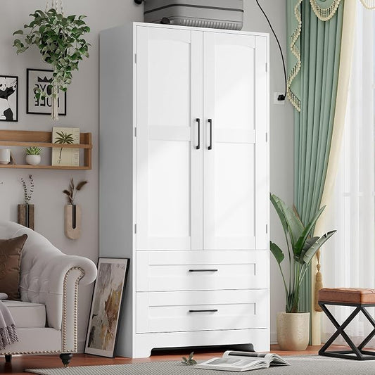 Wooden Armoire Wardrobe Closet, Bedroom Armoires with Door and Drawers, Freestanding Wardrobe Clothing Storage Cabinet with Shelves and Hanging Rod for Bedroom, Laundry Room, Cloak Room（White）