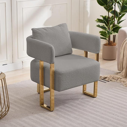 YISHENG Modern Barrel Accent Chairs Set of 2, Living Room Side Chairs with Golden Metal Legs Soft Teddy Upholstered Reading Armchairs no Wheels for Vanity/Reception Room//Bedroom/Lounge/Office, Grey