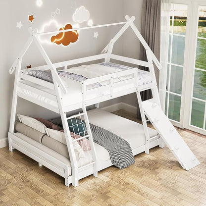 KOTEK Twin Over Queen Bunk Bed, House Bunk Beds with Climbing Nets and Ramp, No Box Spring Needed, Solid Wood Low Bunk Bed Frame for Kids Boys Girls (White)