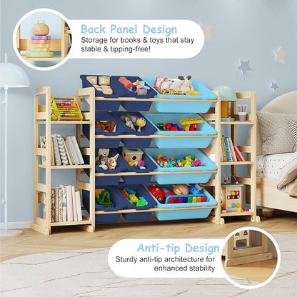 EXPERLAM Extra Large Toy Storage - Toy Storage Organizer, Wooden Toy Organizer with 6 Side Shelves and 12 Bins, 3-in-1 Bookshelf for Kids Rooms, Playroom, Nursery, Blue