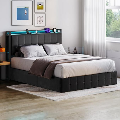 Garvee Queen Size Lift Up Storage Bed with LED Lights, Upholstered Velvet Bed Frame with Storage Headboard & Charging Station, Metal Platform Bed, No Box Spring Needed, Solid Wooden Slats, Black