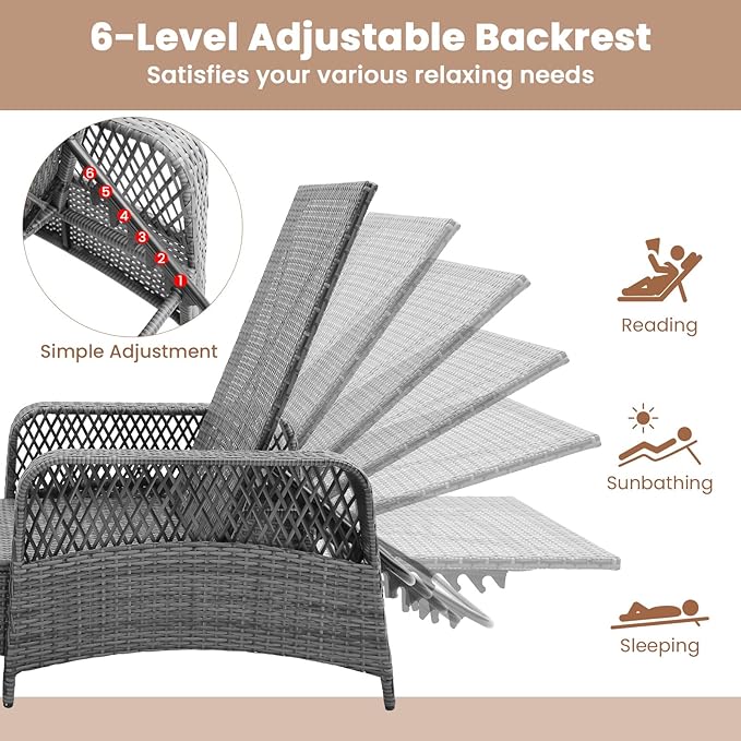 COSTWAY PE Rattan Chaise Lounge Chair, 6 Gear Adjustable Recliner with Armrest & Pillow, Wicker Outdoor Furniture for Deck, Patio (2, Gray)