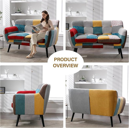 Bonzy Home Modern Boho Loveseat Couch Sofa Chair for Living Room Bedroom, Upholstered Colorful Plaid Fabric 2-Seat Love Seat Sofa with Wood Leg for Small Space, One Loveseat