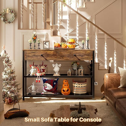 Ecoprsio Entryway Table with Outlets and USB Ports, Console Table with 2 Drawers, Small Sofa Table with Storage Shelves for Living Room, Couch, Hallway, Foyer, Kitchen Counter, 32'', Rustic