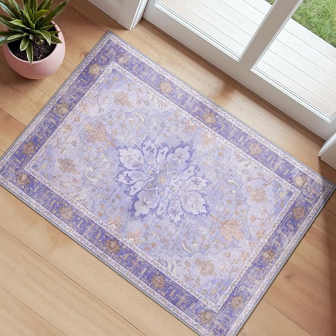 RELEANY Area Rugs Small 2'x4' Washable Non-Slip, Floral Vintage Distress Medallion Carpet for Kitchen Entryway Bathroom, Light Purple Brown