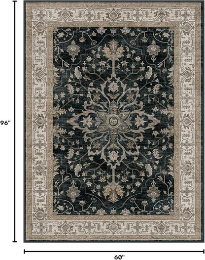 RELEANY Area Rugs 5'x8' Washable Non-Slip, Floral Vintage Distress Medallion Carpet for Living Room Bedroom Dining Room, Vintage Black Brown Neutral