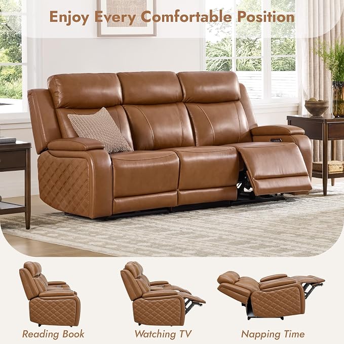 Watson & Whitely Genuine Leather Power Recliner Sofa and Loveseat Set, Zero Gravity Reclining Couch with Storage Console, Power Headrest & Wireless Charging, Cup Holders for Living Room, Saddle Brown