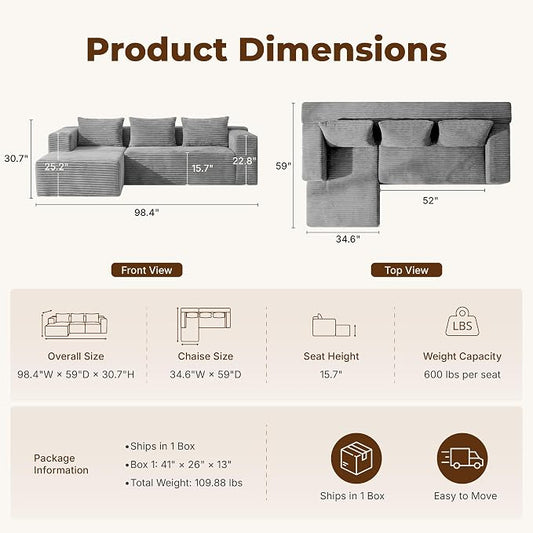 Modular Sectional L-Shaped Sofa with Deep Seat, Modern Boneless Comfy Corduroy Fluffy Couch with Side Pockets and Anti-Slip & Floor-Friendly Bottom for Living Room, No Assembly, Light Grey