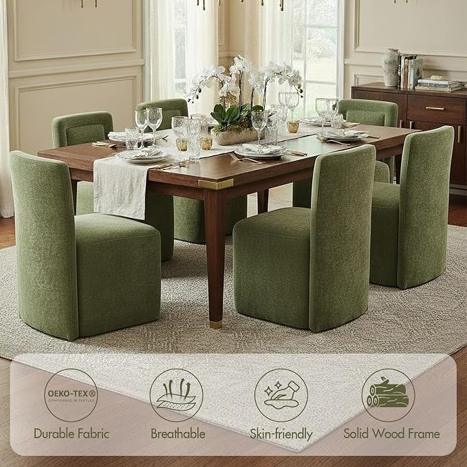 Hyfirm Upholstered Dining Chairs Set of 6, Mid-Century Scandinavian Parsons Armless Chairs with Plush Seat Cushion for Diningroom Bedroom Livingroom Reading Room，Green Fabric