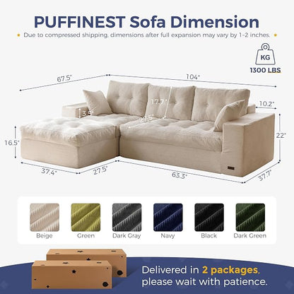MAXYOYO 104" L Shaped Modular Sectional Sofa with Ottoman, Cloud Boneless Couch with Layered Cushion, Upholstered Sofa Flexible Module Combination for Living Room, No Assembly, Beige