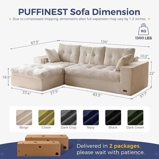 MAXYOYO 104" L Shaped Modular Sectional Sofa with Ottoman, Cloud Boneless Couch with Layered Cushion, Upholstered Sofa Flexible Module Combination for Living Room, No Assembly, Beige