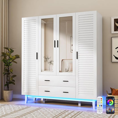 jiteentarou 4 Door Armoire Wardrobe Closet Cabinet with Drawers and LED Lights, Multi-Tier Shelves, Hanging Rod & 4 Louver Doors, Large Capacity Storage Wardrobe Armoire for Bedroom(4 Doors White) | 4 Door