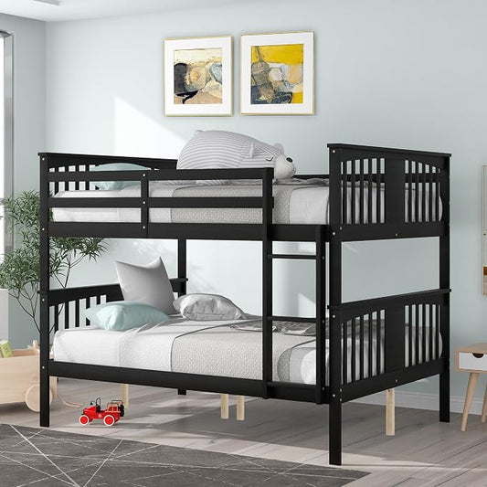 Merax Full Over Full Bunk Bed Convertible to Two Separate Beds, Solid Pine Wood Frame with Safety Guardrail & Headboard, Sturdy Durable Design, for Teens, Espresso