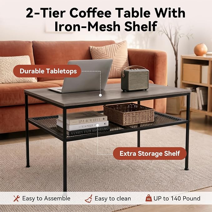 SENIG 2-Tier Coffee Table 35.4" with Iron-Mesh Storage Shelf, Grey Oak | Industrial Wood and Metal Center Table for Home Office Kitchen 35.4" L x 23.6" W