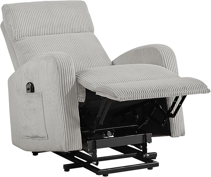 Lexicon Power Lift Recliner Chair for Elderly with Remote Control, Gentle Lift Motion, Side Pocket Armrest, Corduroy Upholstered Electric Recliner for Living Room/Bedroom, Easy Assembly, Light Gray
