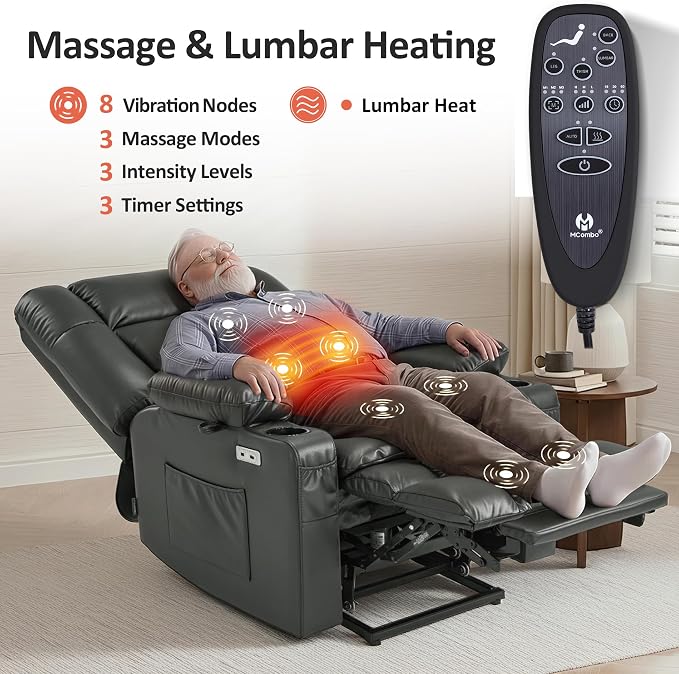 MCombo Dual Motor Power Lift Recliner Chair for Elderly, Lay Flat Lift Chair with Heat and Massage, Oversized Lift Recliner for Big and Tall, Faux Leather R7891 (Grey, Large-Wide)