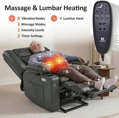 MCombo Dual Motor Power Lift Recliner Chair for Elderly, Lay Flat Lift Chair with Heat and Massage, Oversized Lift Recliner for Big and Tall, Faux Leather R7891 (Grey, Large-Wide)