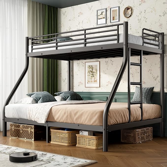 Twin XL Over Queen Bunk Bed Size, Heavy Duty Bunk Beds with Bottom Space & Guardrail Metal Bunk Bed Frame for Adults Dorm Bedroom Guest Room, No Box Spring Needed（Upgrate Black）