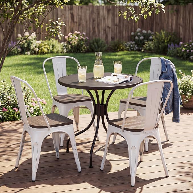 JUMMICO Metal Dining Chair Stackable Industrial Vintage Kitchen Chairs Indoor-Outdoor Bistro Cafe Side Chairs with Back and Wooden Seat Set of 4 (White)