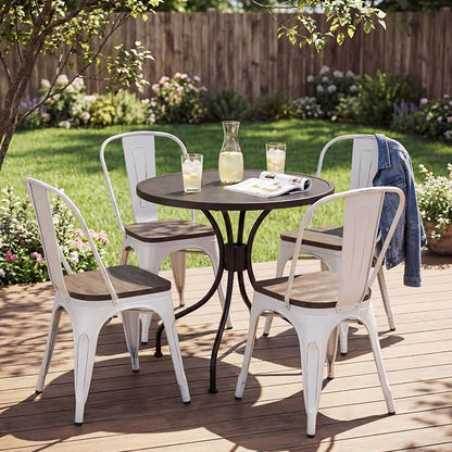JUMMICO Metal Dining Chair Stackable Industrial Vintage Kitchen Chairs Indoor-Outdoor Bistro Cafe Side Chairs with Back and Wooden Seat Set of 4 (White)