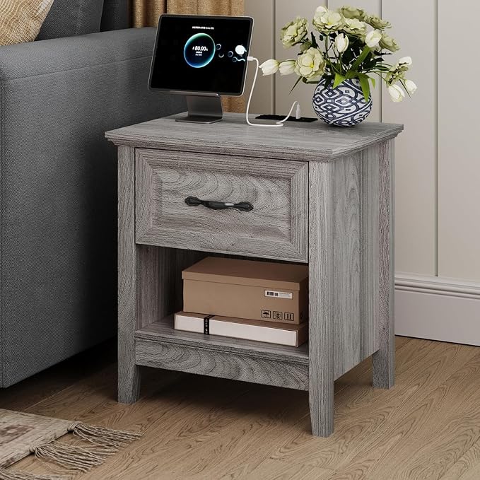 LINSY Night Stands Set of 2, 18.9" Farmhouse Wood Side Tables with Type-C Charging Station, Drawer & Open Storage Shelf – Perfect for Bedroom, Living Room, Sofa, or Office