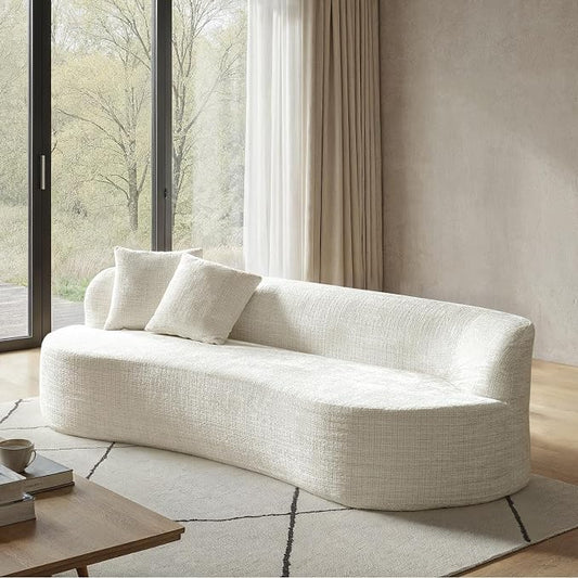 95" Modern Curved Compressed Sofa, All-Foam 3-Seater Cloud Couch with 2 Pillows, No Assembly Required Boneless Sofas for Living Room, Ivory