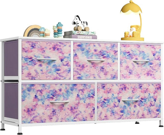 WLIVE Dresser for Bedroom with 5 Drawers, Wide Chest of Drawers, Fabric Dresser, Storage Organizer Unit with Fabric Bins for Closet, Living Room, Hallway, Tie-dye Print (Pink, Purple, Blue)