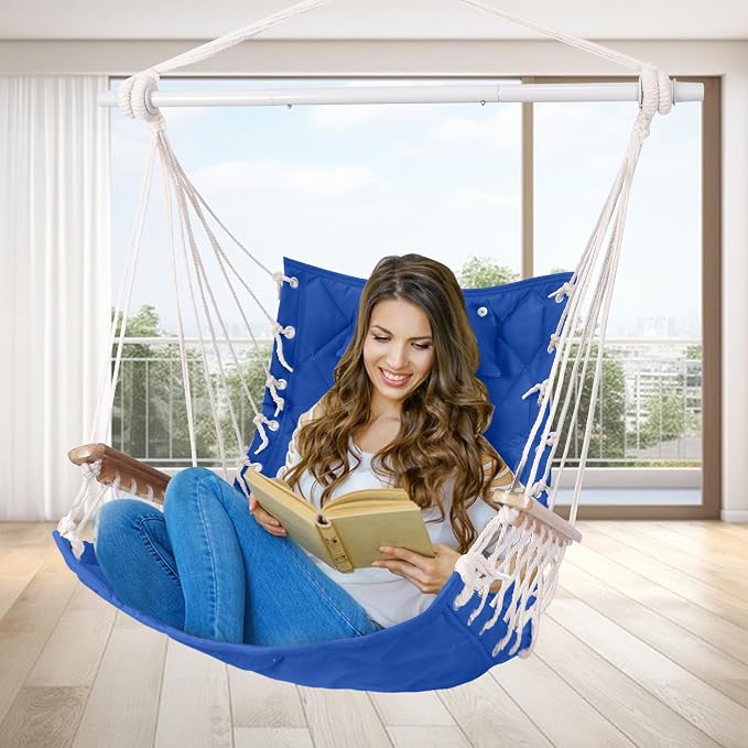 Hammock Chair Hanging Swing with Wooden Armrest;Steel Spreader Bar,Pillows,Hardware kit Included;Cotton Woven;Up to 350 Lbs,for Indoor Outdoor Blue