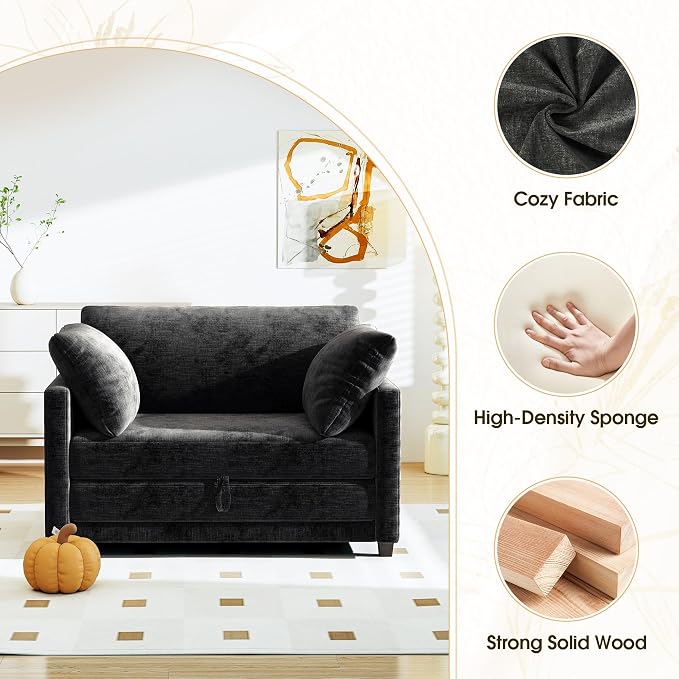 Myroyalsit 51" Convertible Loveseat Sofa Bed, 2-in-1 Folding Sofa Bed with 2 Pillow for Small Spaces, Modern Loveseat Sleeper Couch for Apartment, Living Room & Guest Room (Chenille Black, 51 inch)