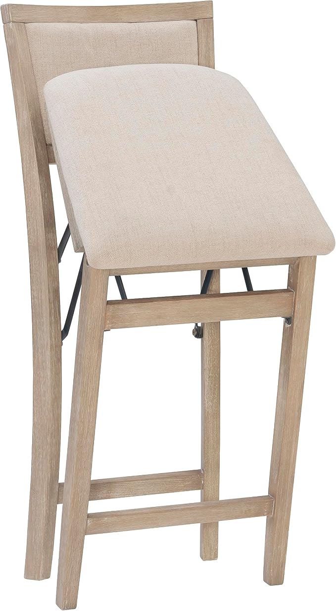 Linon Keira Natural Rustic Wooden Folding 25 Inch Seat Height Counter Stool with Beige Upholstered Seat and Back