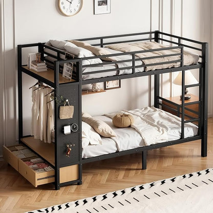 DNYN Twin XL Over Twin XL Metal Bunk Bed with 2 Drawers and Built-in Wardrobe for Teens Bedroom/Dorm/Staff Housing, Space-Saving Bed Frame with Storage Shelves and Pegboard, No Box Spring Needed