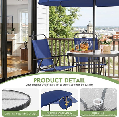 Shintenchi 6 Piece Outdoor Patio Furniture Set, Small Outdoor Patio Dining Table and Chairs Set, Outdoor Seating with Umbrella for Backyard, Balcony, Front Porch, Dark Blue