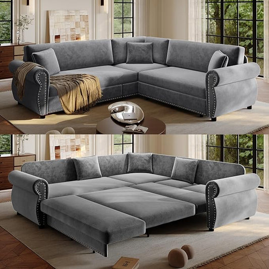 88.2" Sectional Sleeper Sofa with Pull Out Bed - Oversize L-Shaped Convertible Sleeper Couch Bed, Button Tufted Chesterfield Sofa, Chenille Vintage Couches for Living Room(4-Seater, Light Grey)