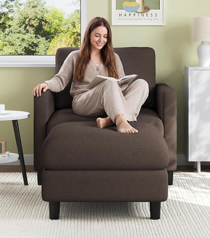 Welzona Sofa Accent Chair with Ottoman, 33" Reading Chair and Ottoman Set for Bedroom, Tool-Free Setup Living Room Accent Chairs, Comfy Arm Chairs Living Room, All-Wood Reading Nook, Brown