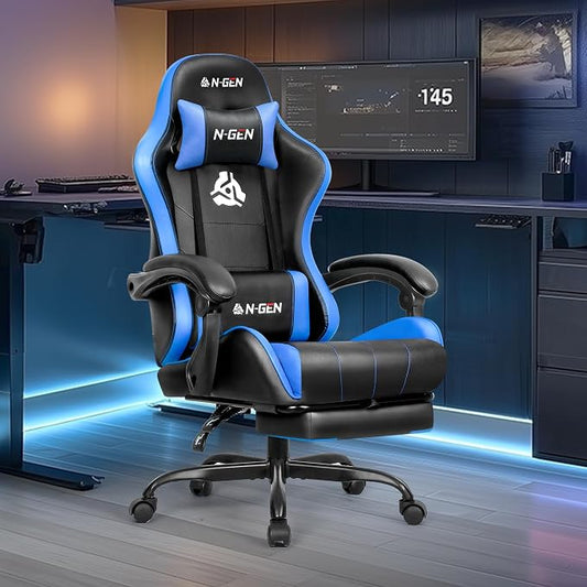 N-GEN GAMING Video Gaming Chair with Footrest Lumbar Support for Home Office High Back Recliner Height Adjustable Ergonomic Comfy Leather Computer Desk Chair (Blue)