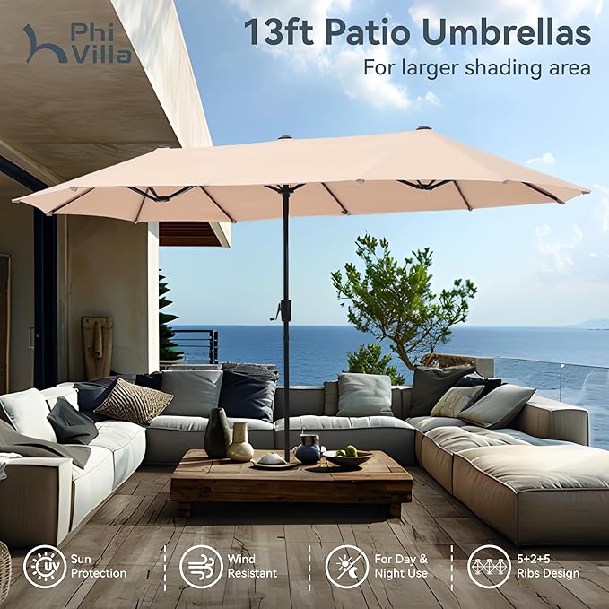 PHI VILLA 8 Piece Patio Dining Set with 13ft Patio Umbrella (Beige), 6 Outdoor Swivel Dining Chairs & 1 Large Metal Dining Table for Deck Lawn Garden (No Umbrella Base)