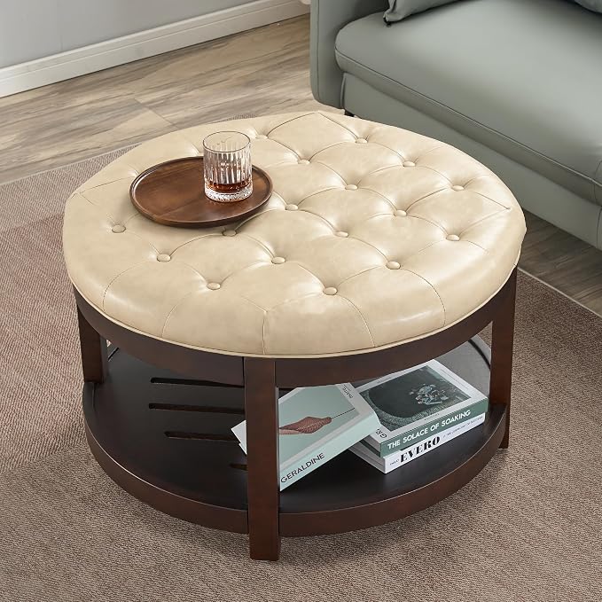 adochr Round Coffee Tables for Living Room,33’’ Storage Ottoman with Wooden Tray, Upholstered Ottoman Footrest, Ivory