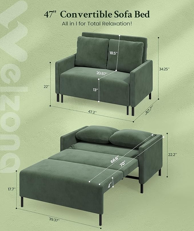 Welzona 47.2" Convertible Sofa Bed Couch, Comfy Corduroy Loveseat Sleeper Sofa, 620lbs Capacity Couch Bed, Easy Setup Love Seat Sleeper Bed 2 Pillows, Small Couches for Living Room/Office, Olive Green