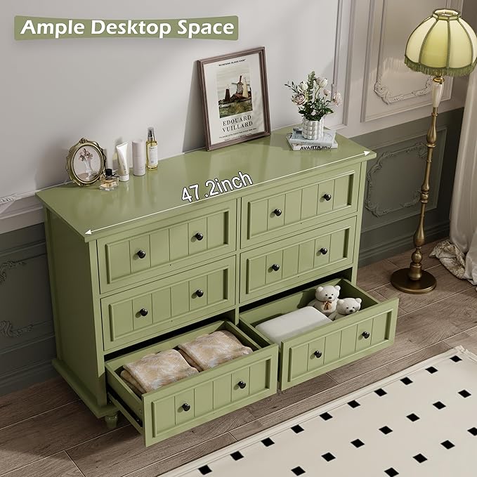 Antique Bedroom Set, 6 Drawer Dresser with Nightstands Set of 2 (Green) | Vintage Style, Paint, with Drawers, Large Storage