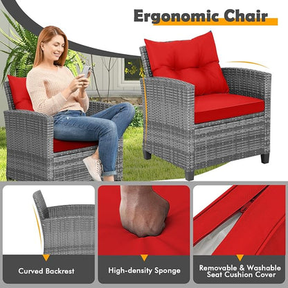 COSTWAY 3PCS Patio Furniture Set, PE Rattan Wicker Sofa w/Washable Cushion and Coffee Table, Tempered Glass Tabletop, Outdoor Conversation Set for Balcony, Porch, Yard, Backyard, Lawn, Red