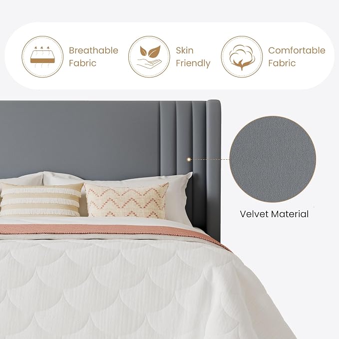 SHA CERLIN Full Size Velvet Upholstered Platform Bed Frame with Vertical Channel Tufted Wingback Headboard, Wooden Slats Support, Easy Assembly, Under Bed Storage, No Box Spring Required, Grey
