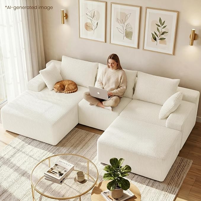 kinmars 108" Boneless Sectional Couch,Corduroy Cloud Couch Sectional for Living Room,Modern U Shaped Modular Sectional Couch,3 Seater Sofa (Beige, 108.9" U Shaped with Ottoman)