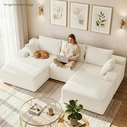 kinmars 108" Boneless Sectional Couch,Corduroy Cloud Couch Sectional for Living Room,Modern U Shaped Modular Sectional Couch,3 Seater Sofa (Beige, 108.9" U Shaped with Ottoman)