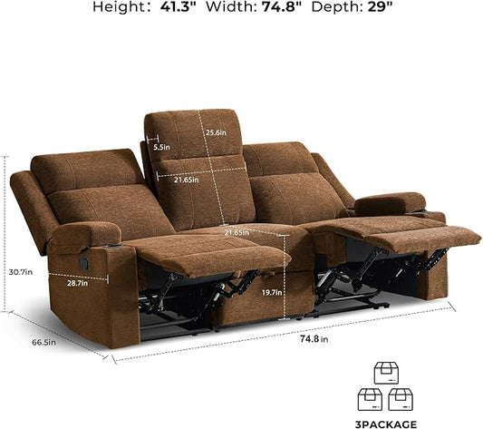GUEAPY Large Manual Reclining Sofa 3-Seater Chenille Recliner Couch with Cup Holders, Wide Seat, Easy Assembly & Spill-Resistant Fabric Cozy Reclining Sofa for Living Room, Apartment, RV, Brown