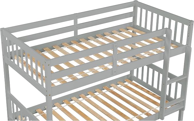 Harper & Bright Designs Convertible Wood Twin-Over-Twin Bunk Bed with Trundle and Ladder - Can Be Divided Into Two Platform Beds (Grey)