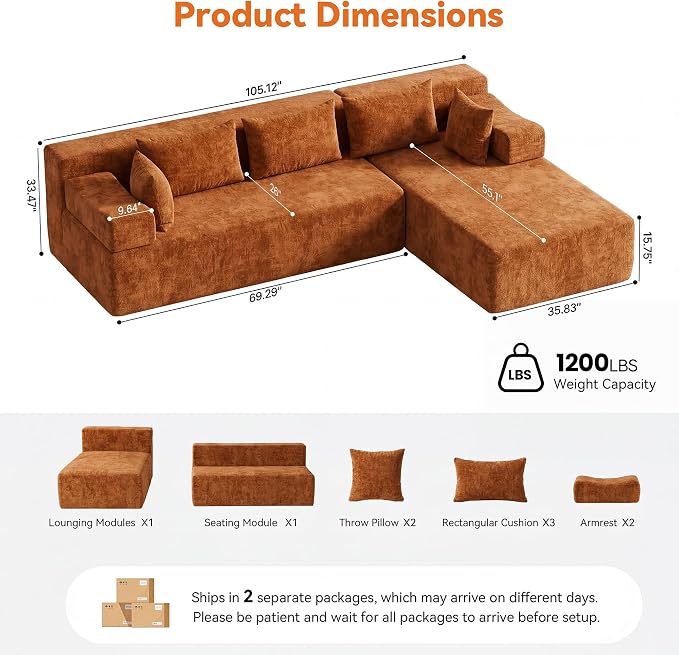 MONVANE 106" Cloud Sectional Couch with L-Shaped Chaise, Modular Sectional Sofa with Deep Seat and Removable Armrests, Comfy Chenille Boneless Couches for Living Room, No Assembly Required, Orange